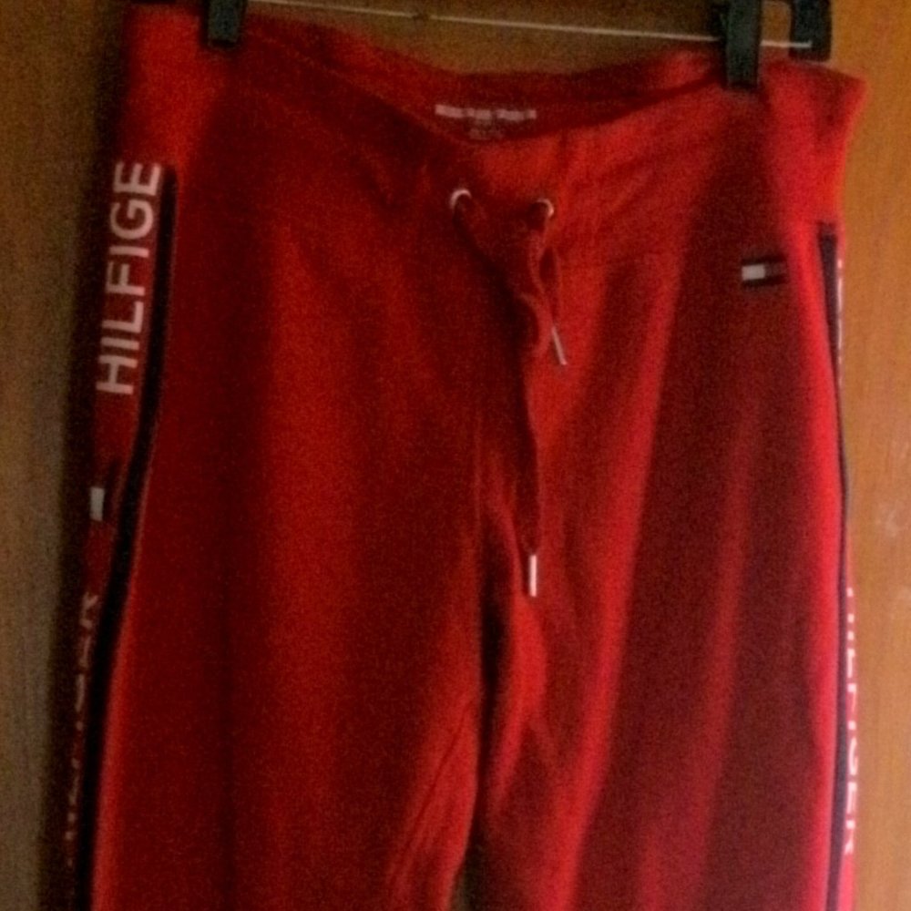 Tommy Hilfiger Sport Red with Blue Stripe & Logo Sweatpants Joggers Athleisure M